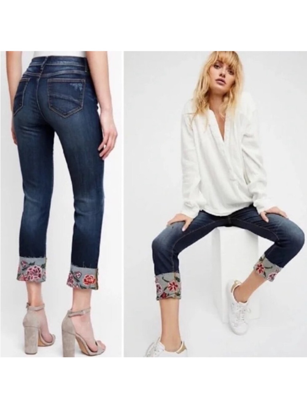DRIFTWOOD Colette Embroidered Cropped Cuffed Hem Denim